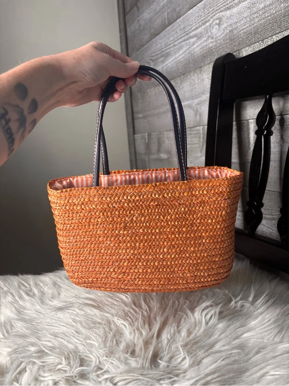 Small Orange Woven wicker summer Tote Bag with Black Handles striped interior